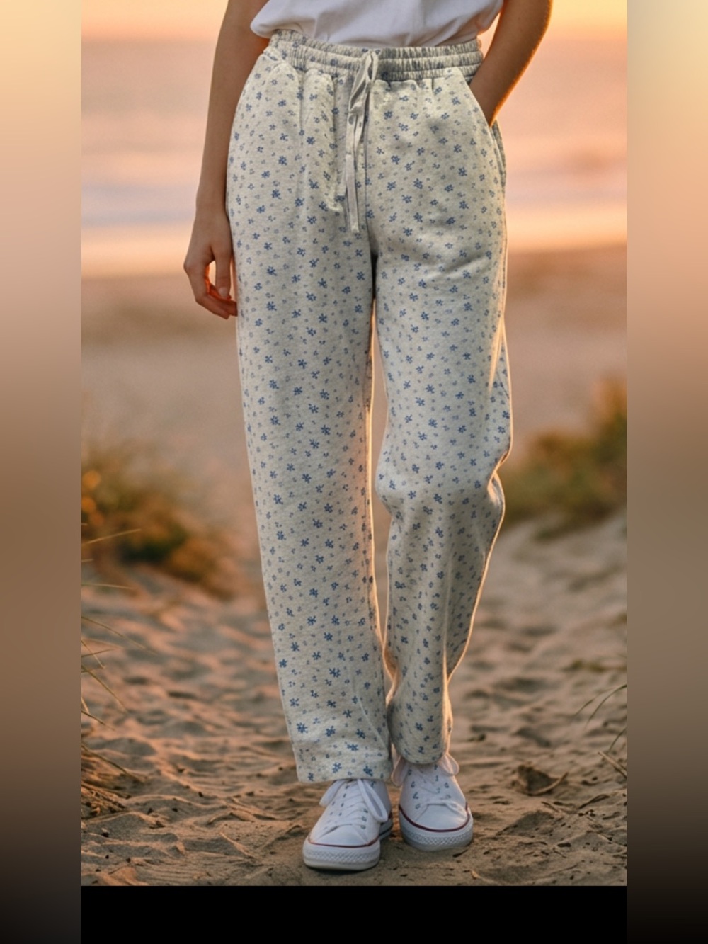 BUCKETLIST Cream Joggers with Blue Floral Print